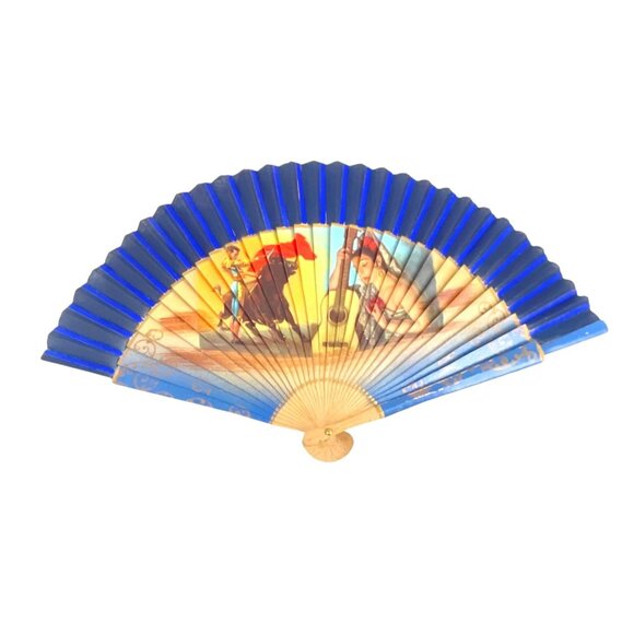 Vintage Handheld Folding Fan Spanish 1960s Flamenco Dancers Scene Blue Retro Fan - Picture 1 of 6